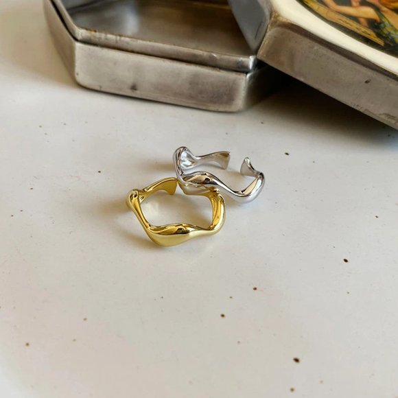 NEW Silver Gold Resizable Smooth Irregular Waves Gold Color Ring - Picture 5 of 6